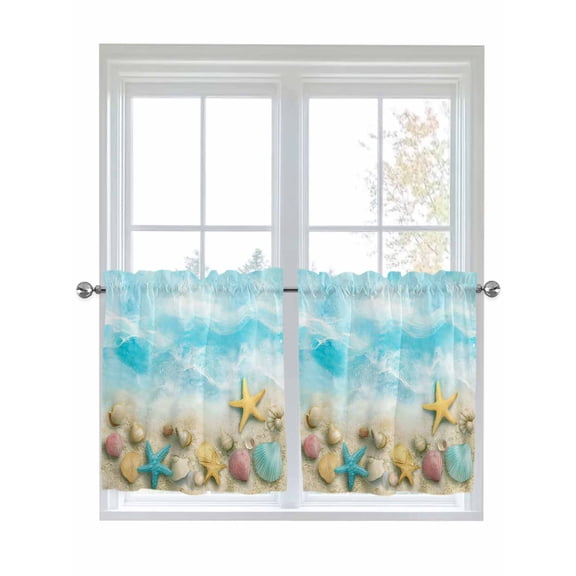 Blue Summer Beach 2 Panel Kitchen Curtains for Small Windows, Coastal Starfish Shell Nautical Waves Bathroom Tier Curtain, Short Window Treatment for Bedroom/Living Room 55"x36"