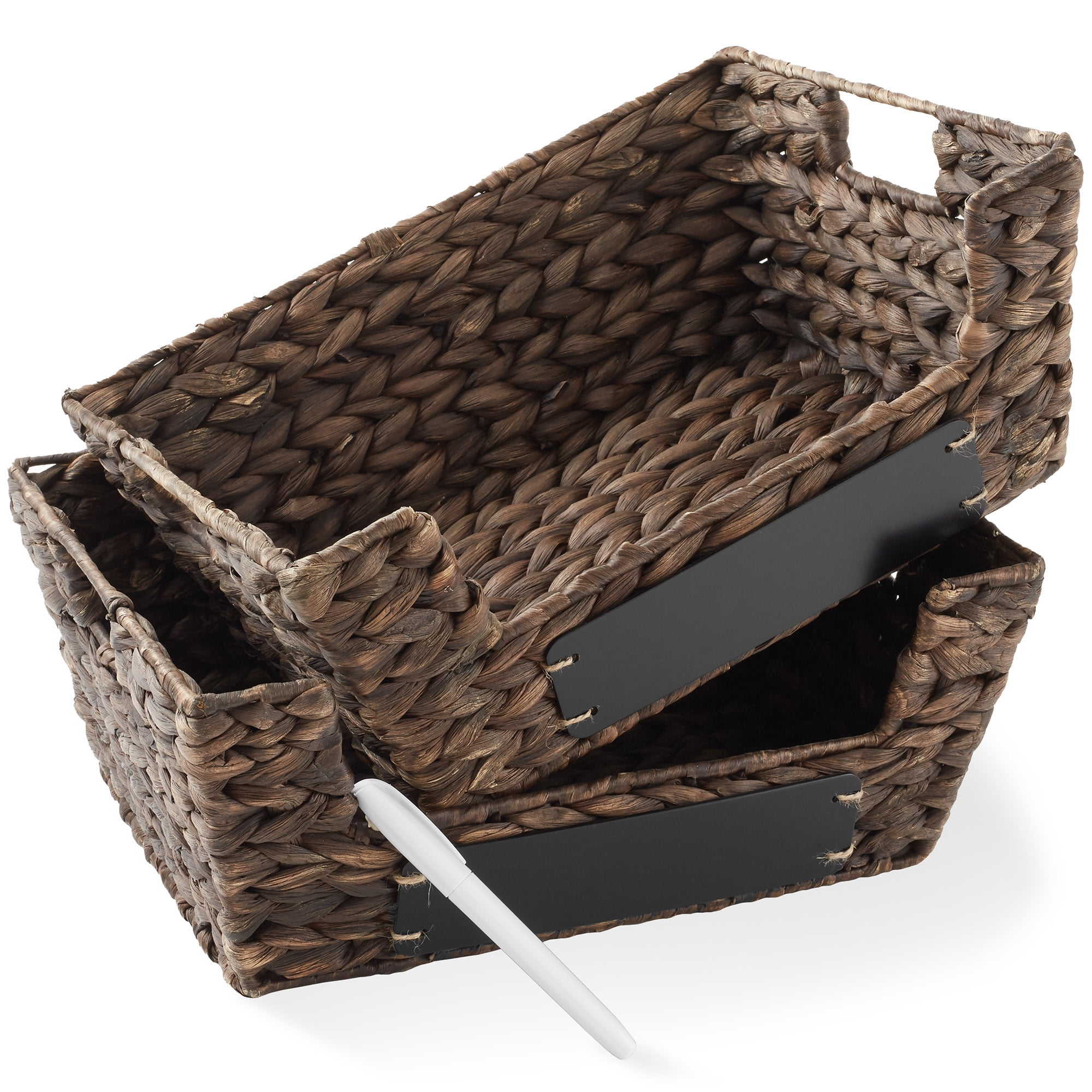 Casafield (Set of 2) Water Hyacinth Pantry Baskets with Handles and Chalkboard Labels - Espresso, Wide Woven Storage Baskets for Kitchen Shelves