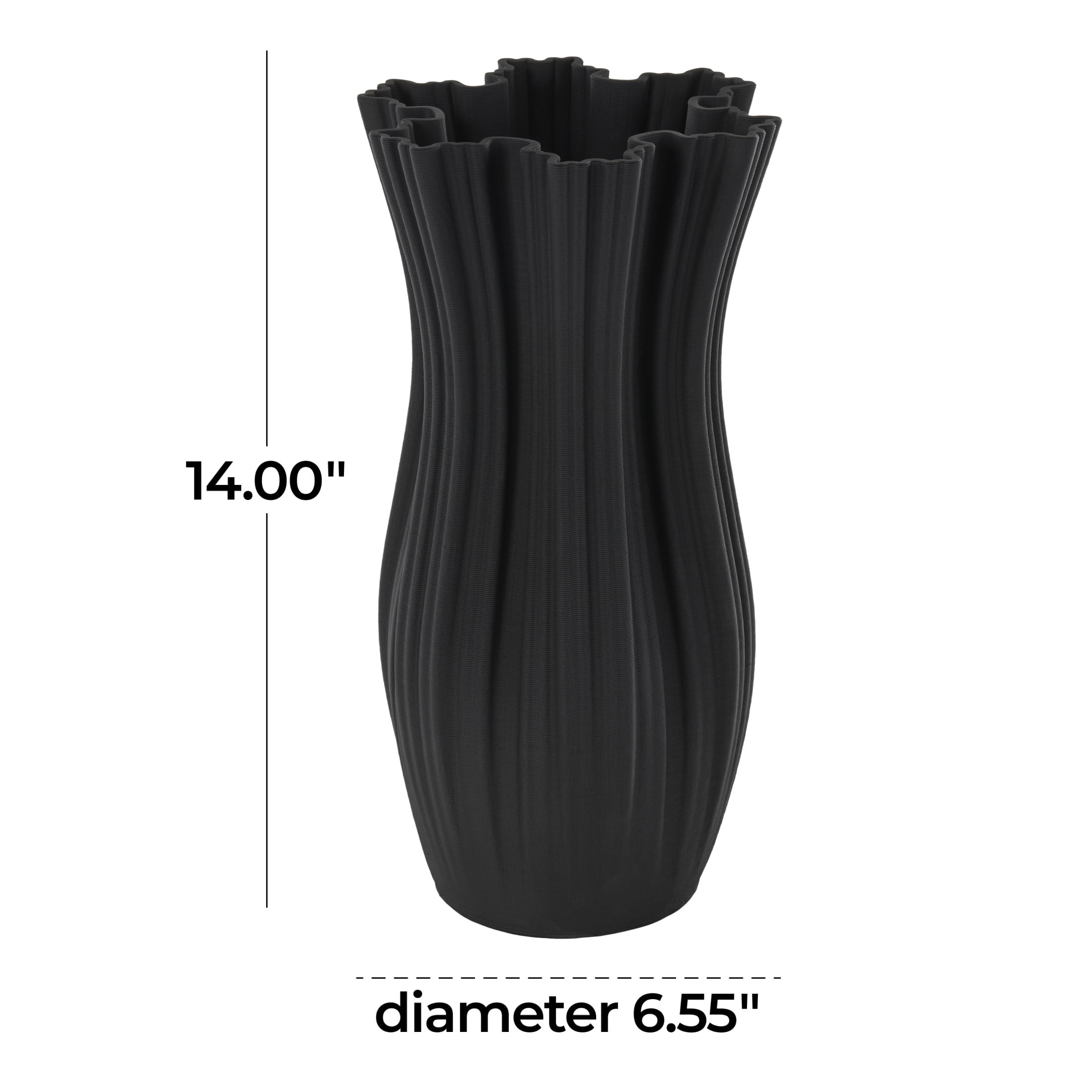 DecMode 14" Abstract Ribbed Tulip Inspired Black Ceramic Vase with Floral Shaped Rim