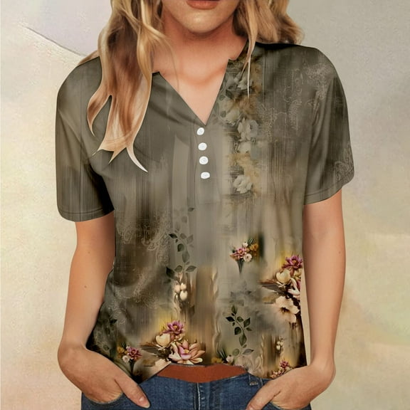 Womens Tops Summer Tops for Women 2025 Trendy Boho Floral Print Tunic Shirts Short Sleeve Button V Neck Tshirt Casual Loose Blouse Shirts for Women