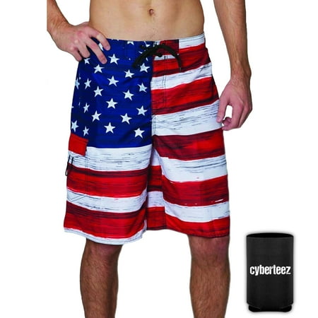 USA American Flag Old Glory Men's RWB Patriotic Board Shorts Swim Trunks + Coolie
