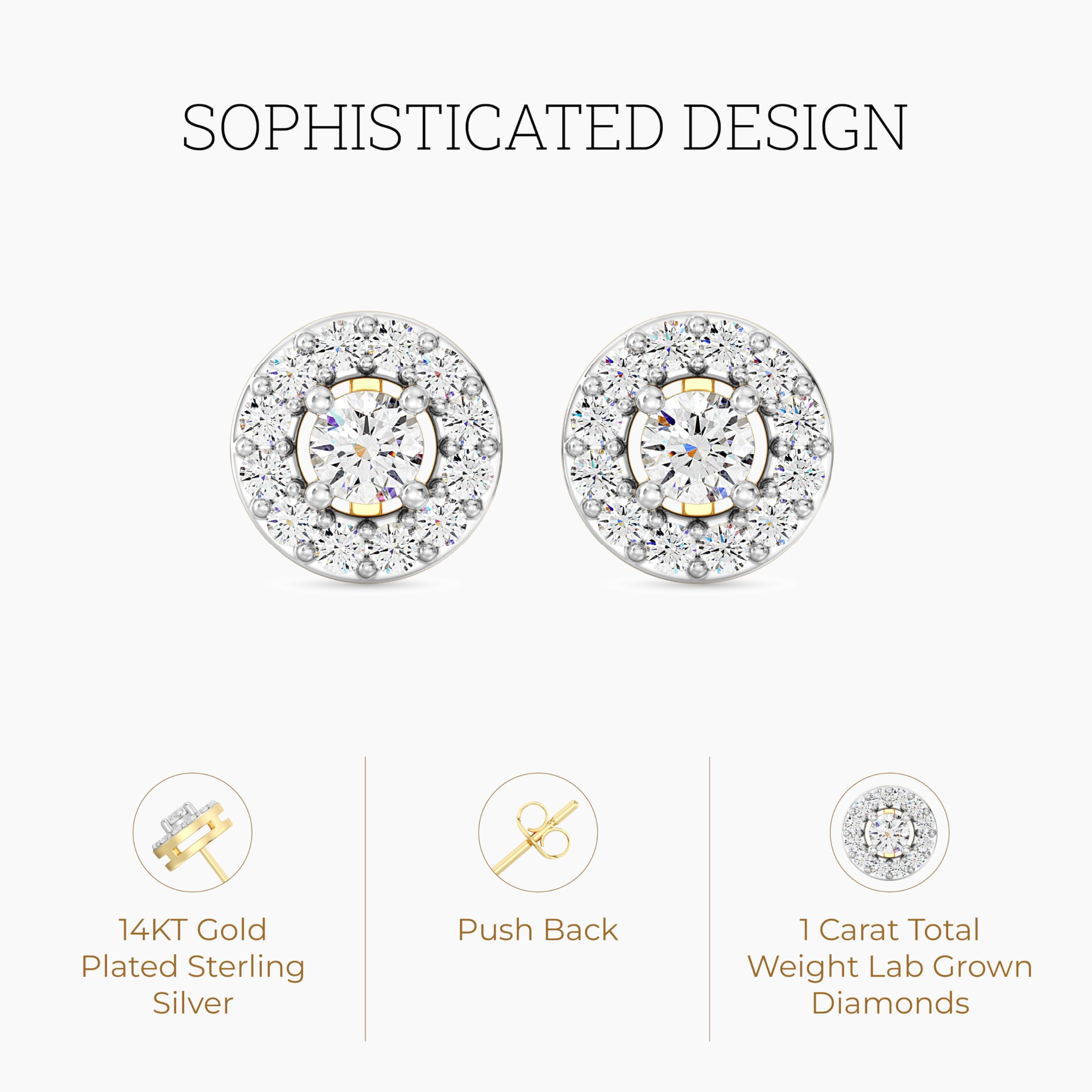Gilded 1 Carat Total Weight Lab-Grown Diamond 14KT Yellow Gold Plated Silver Stud Earrings for Women, Round Halo Shaped, Hypoallergenic Fine Jewelry, Prong Setting, Push Back Nut, SI1 Clarity F Color