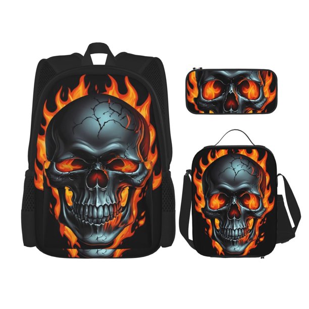 Disketp Flame Metal Skull Mochila Estampada de Gran Capacidad con Lonchera y Estuche, Set de 3 Piezas para Estudiantes