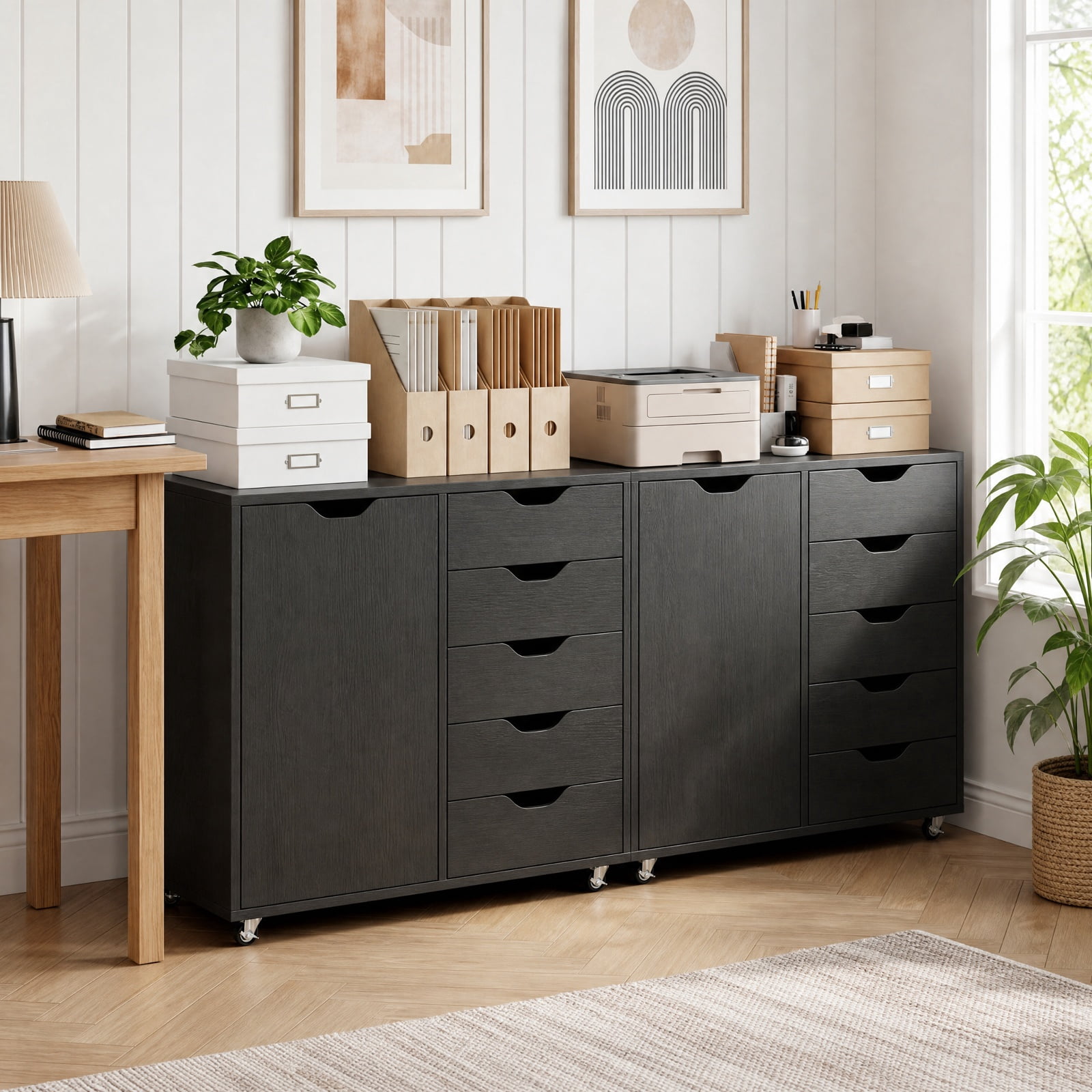 Furnibear 5-Drawer Rolling Storage Cart with Side Cabinet for Home Office Filing Document Letter Legal Storage, Black