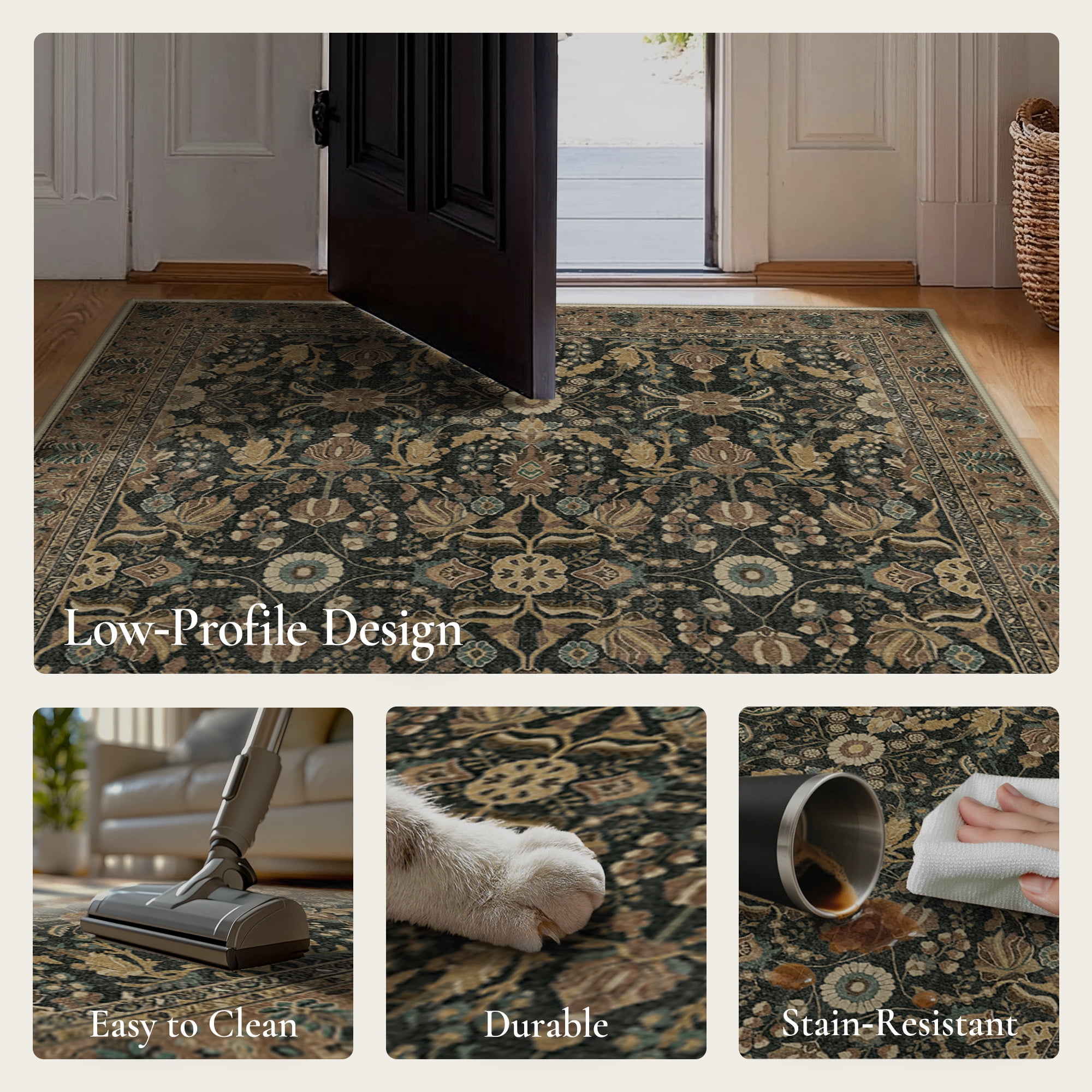 KUETH 2.5x12 Vintage Floral Runner Rug Machine Washable Rugs for Living Room, Non Slip Flat Pile Rug with Rubber Backing, Boho Rug for Entryway Hallway Kitchen and Corridor
