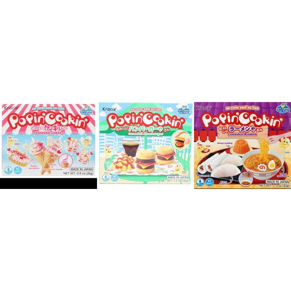 3 Pack Kracie Popin Cookin DIY Candy Kit, 3 Mixed Flavor (Cakes,Hamburger,Ramen) Plus NineChef Brand Long Handle Coffee Spoon
