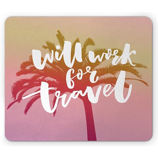 Funny Words Mouse Pad, Dreamy Background with Tropical Palm Tree and Lettering Summer Travel Adventure, Rectangle Non-Slip Rubber Mousepad, Standard Size, Rose White Decorations Mats 20x31.5 Inch