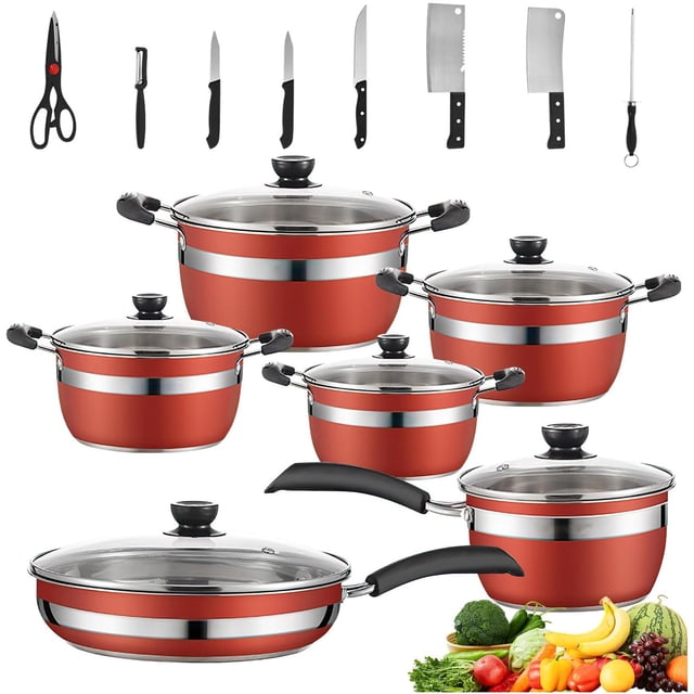 Batería de Cocina NOVRY rojo Antiadherente de Acero Inoxidable para Estufas de Inducción, Eléctricas
