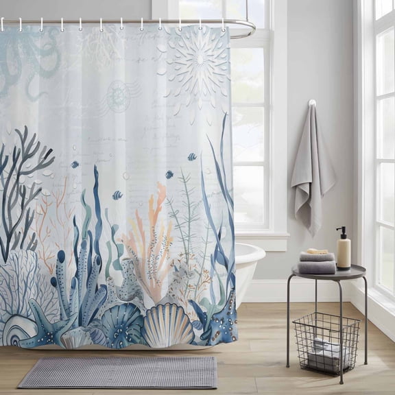 Bathroom Shower Curtain Ocean Shell Seaweed Coral Waterproof Shower Curtains with Hooks, Blue Sea Nautical Coastal Theme Bath Curtains Bathtub Curtain Home Decor 36x72in