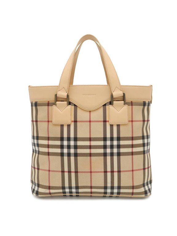 Pre-Owned BURBERRY Nova Check Tote Bag/Handbag in Leather, Peach Beige, Black, and Bordeaux.