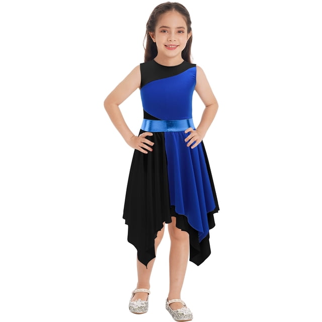 Oyolan Robe de Danse Ballet Asymétrique Sans Manches pour Filles, Robe d'Église Bleue&Noire 16