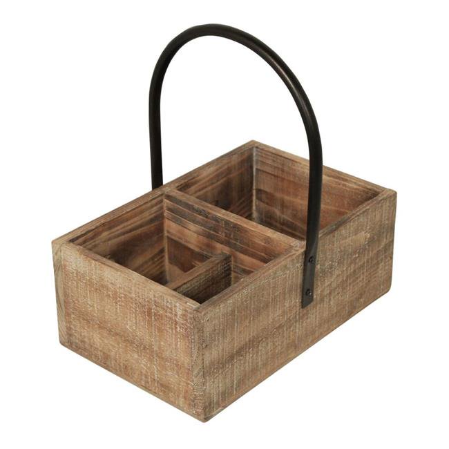 Wood Compartment Caddy with High Center Metal Handle