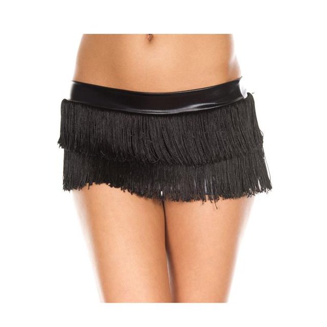 Fringed Mini Skirt with Lame Waist Band, Black