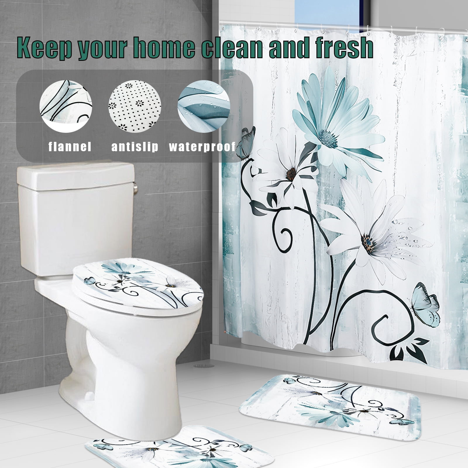 Dznils Rustic Farmhouse Shower Curtain and Rug Set, 16 Pc Teal Daisy Floral Bathroom Set, 72" x 72"
