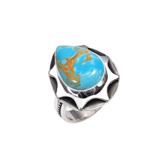 Copper Blue Turquoise 925 Solid Sterling Silver Ring, 18X13 mm Pear Gemstone Ring, Blue Ring, Christmas Gift, Unique Jewelry Ring, Adjustable Ring V12