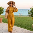 thumbnail image 6 of Szluipve 2 Piece Sets for Women Off‑Shoulder 2 Piece Outfits Puff Long Sleeve Slanted Shoulder Top & High Waist Pleated Wide Leg Pants Casual Vacation Matching Set Yellow XL, 6 of 9