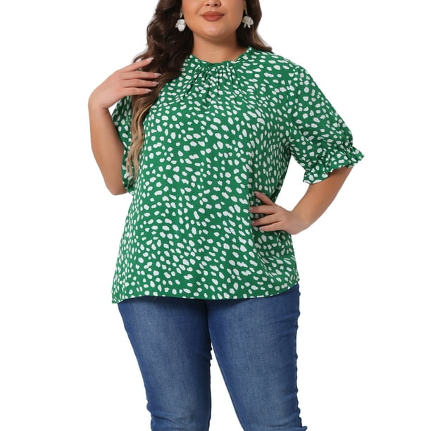 Blusas de cuello simulado de manga corta con volantes y lunares para mujeres de tallas grandes GRACE & GRANDEUR 3X Verde