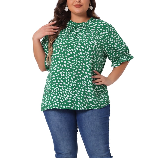 Blusas de cuello simulado de manga corta con volantes y lunares para mujeres de tallas grandes GRACE & GRANDEUR 4X Verde