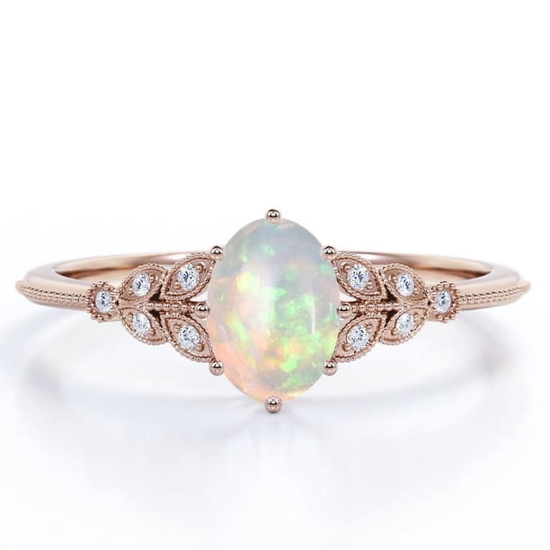 JeenMata Anillo de Compromiso de 1,10 Quilates con Ópalo Blanco de Corte Ovalado y Moissanita, Borde Milgrain, Catedral de 8 Puntas, Chapado en Oro Rosa de 18 K sobre Plata