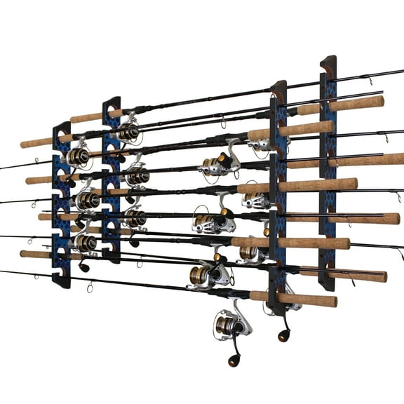 Rush Creek Creations 8-Rod Fishing Pole Rack Twin Pack, Wall or Ceiling Mount, Blue Finish, Rod Storage Organizer