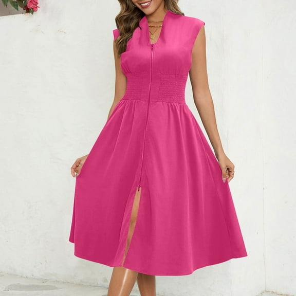 Maxi Dresses for Women Plus Size Women's Solid Color Zipper Front Fold V-Neck Elegant and Comfortable Midi Dress with Pocket Hot Pink Xl