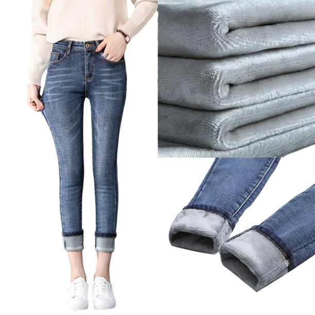 Womens Winter High Waisted Thermal Jeans Thick Skinny Pants Sherpa