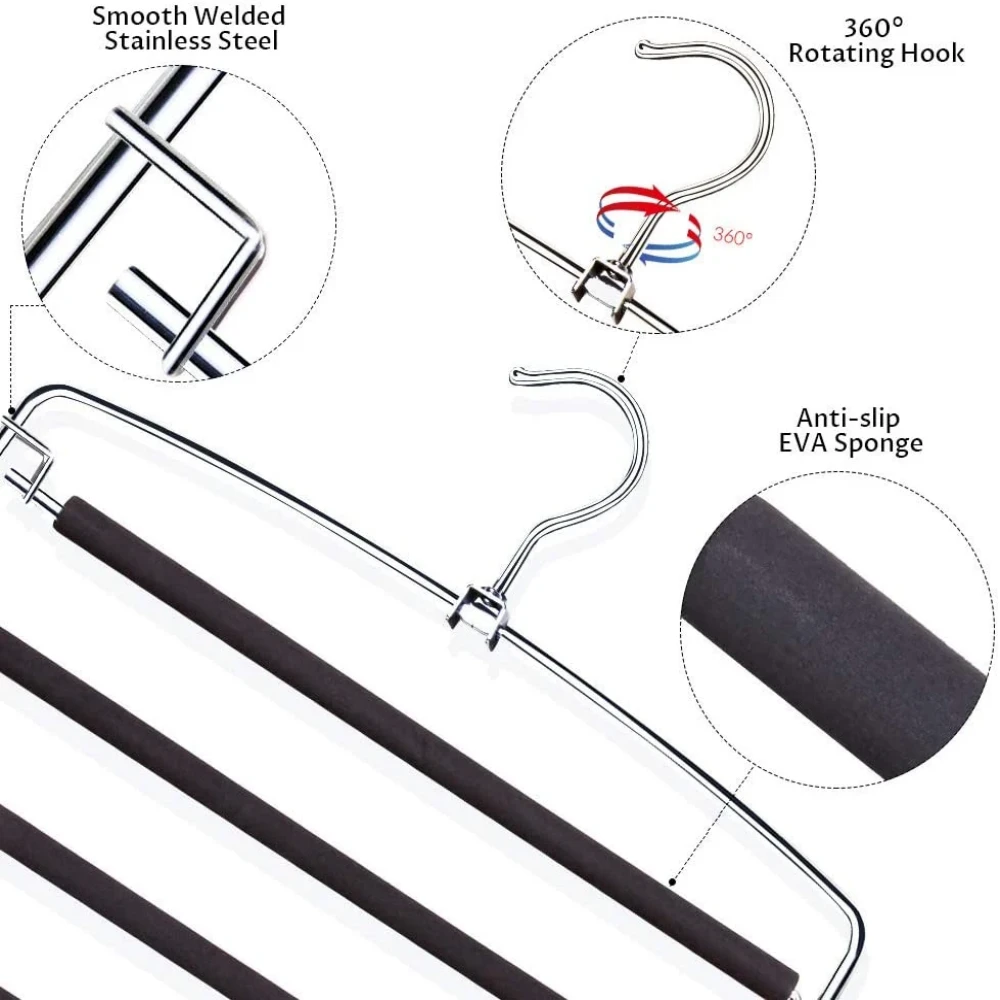 Pants Hangers Space Saving 2Pcs, Metal Heavy Duty Trousers Hanger with Swing Arm, 5 Layer Jeans Hanger Non-Slip, Pant Hanger Closet Organizer for Skirt Tie Slack Clothes, Black, by tutuviw