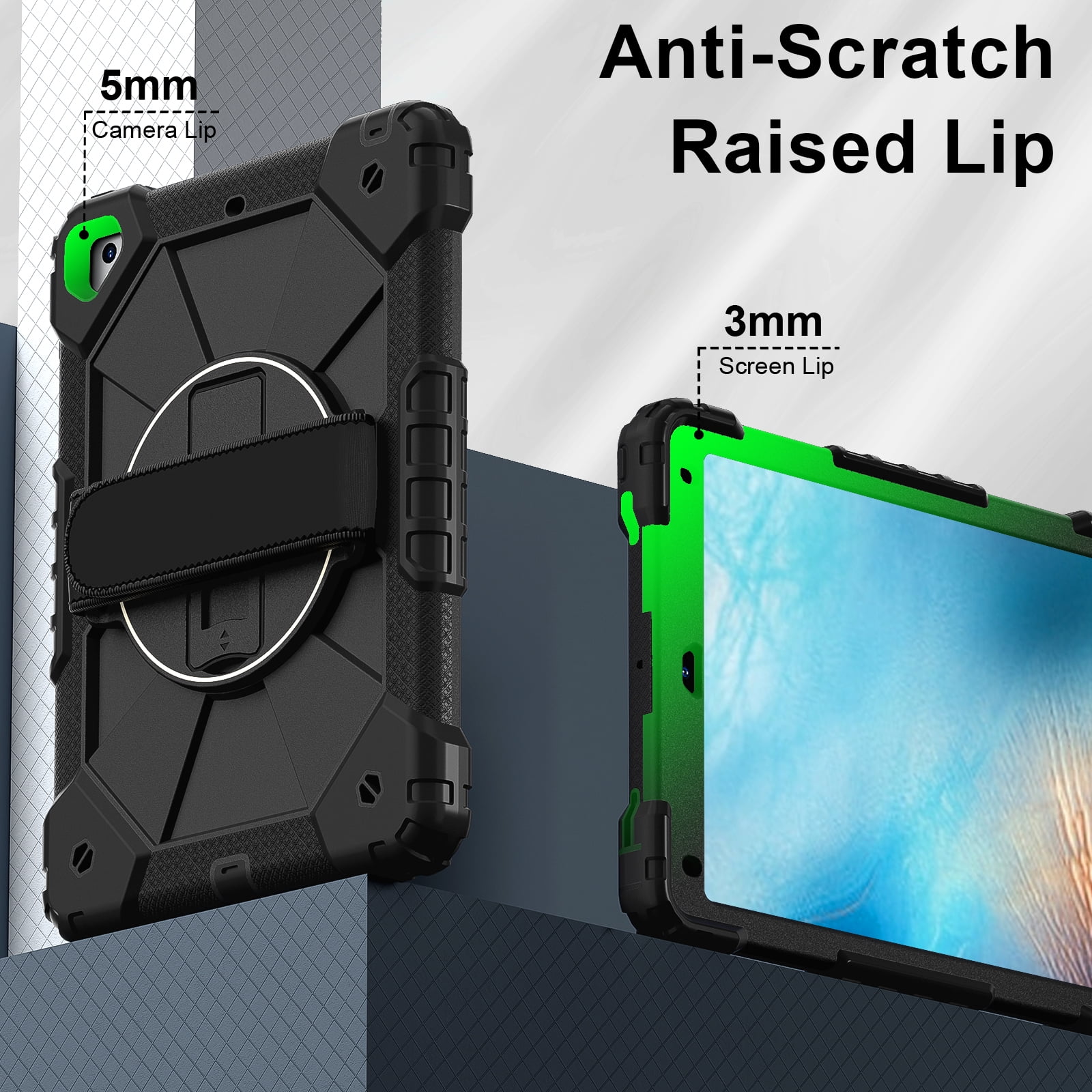 Shockproof Case for Apple iPad 6th 5th Generation 2018 2017 / iPad Air 2 9.7 Inch, Rotating Kickstand Pencil Holder Shoulder Strap Hand Strap Kids Friendly Bumper Cover, Black