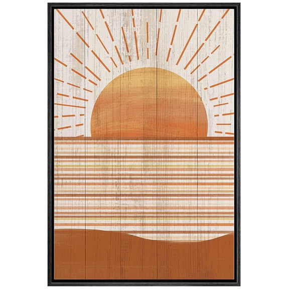 wall26 Framed Canvas Wall Art Golden Sunrise Over The Orange, Yellow Ocean and Mountains Nature Clouds Wood Panels Modern Art Rustic Urban for Living Room, Bedroom, Office - 24x36 inches