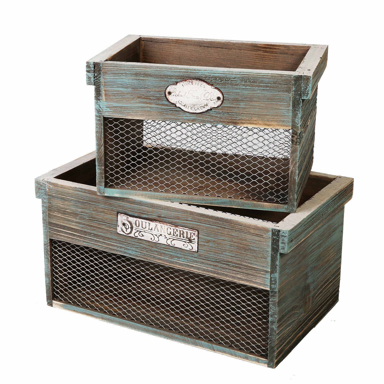 Rustic Farmhouse Wood Box SLPR Decorative Storage Wooden Crates with Metal Trims Set of 3, Antique Black