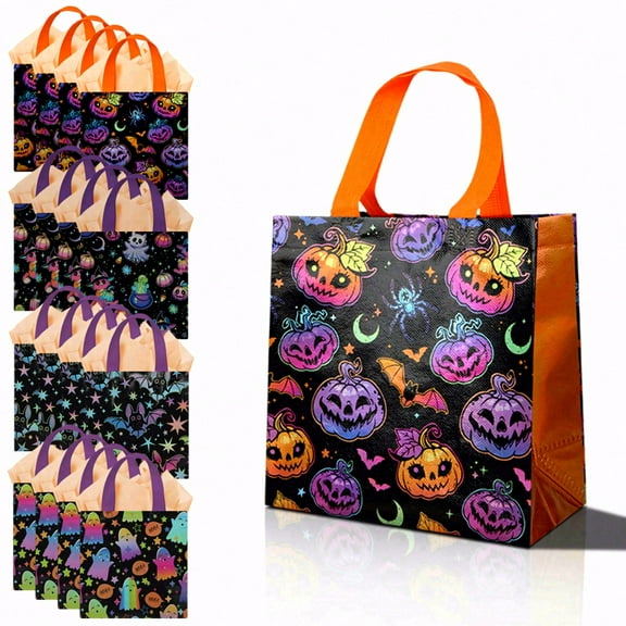 32pcs lightweight Halloween trick-or-treat bags with glowing elements, featuring ghost, pumpkin, and bat patterns. These colorful Halloween party gift bags incorporate starry sky elements.