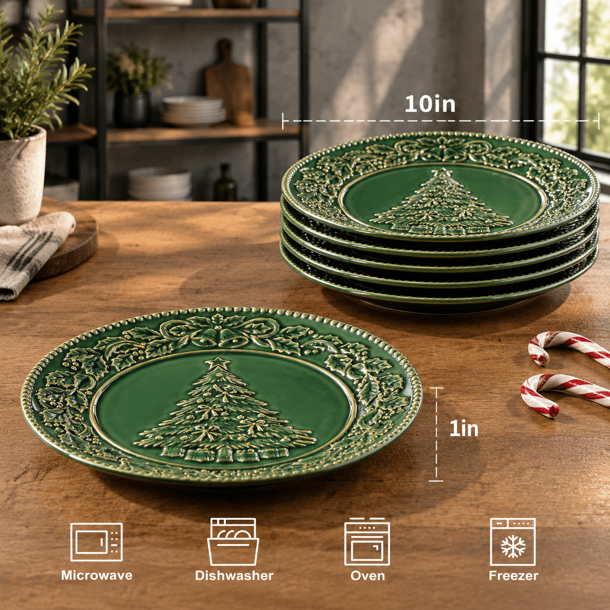 10 Inch Green Ceramic Salad Plates Set Of 6 with Embossed Christmas ...