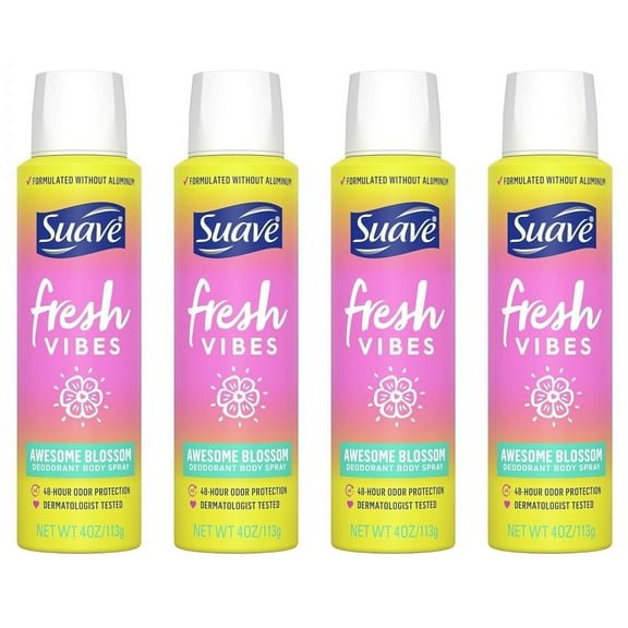 Suave Fresh Vibes Deodorant Body Spray, Aluminum Free 48 Hour Deodorant Protection, Awesome Blossom Dermatologist Tested, Body Spray Deodorant 4 oz Pack of 4