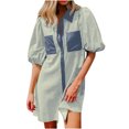 thumbnail image 1 of Camisas de Cuello en V de Manga Corta para Mujeres Vestido de Túnica de Rayas con Botón de Verano con Bolsillos, 95% Poliéster 5% Spandex para Diario Y Fiesta, 1 of 8