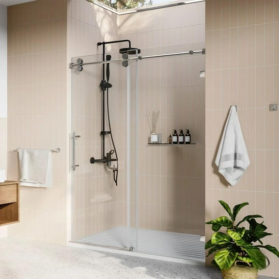 Stainless Steel Sliding Glass Shower Door 56-60" W x 76" H, 8mm Tempered Glass, Easy-Clean Coating, Brushed & Polished Finish, Smooth Buffering Mechanism, Frameless A-Chrome