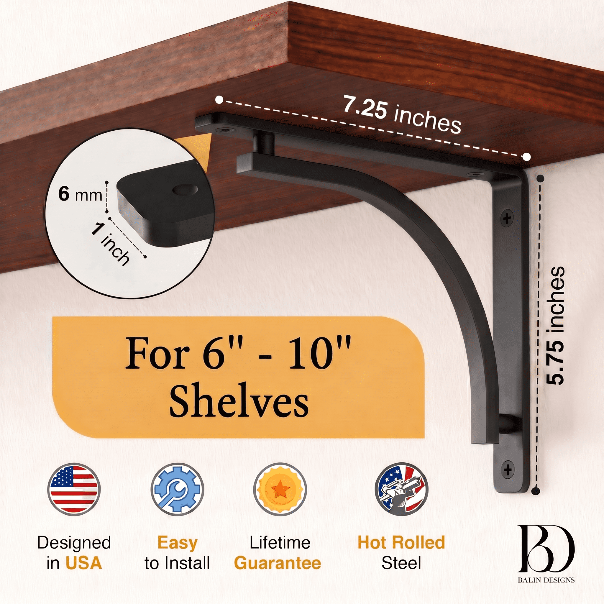 Classic Shelf Bracket Set by Balin Designs (Black) for 6 inch, 8, 10 inch Mantel Shelves L Brackets – Heavy Duty Decorative Metal Supports – Easy Installation with Hardware Included - Set of 4