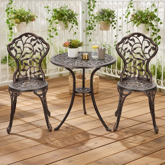 Kadyn 3-Piece Cast Aluminum Outdoor Bistro Set – Antique Copper Leaf-Design Table & Two Chairs for Patio, Balcony, Garden