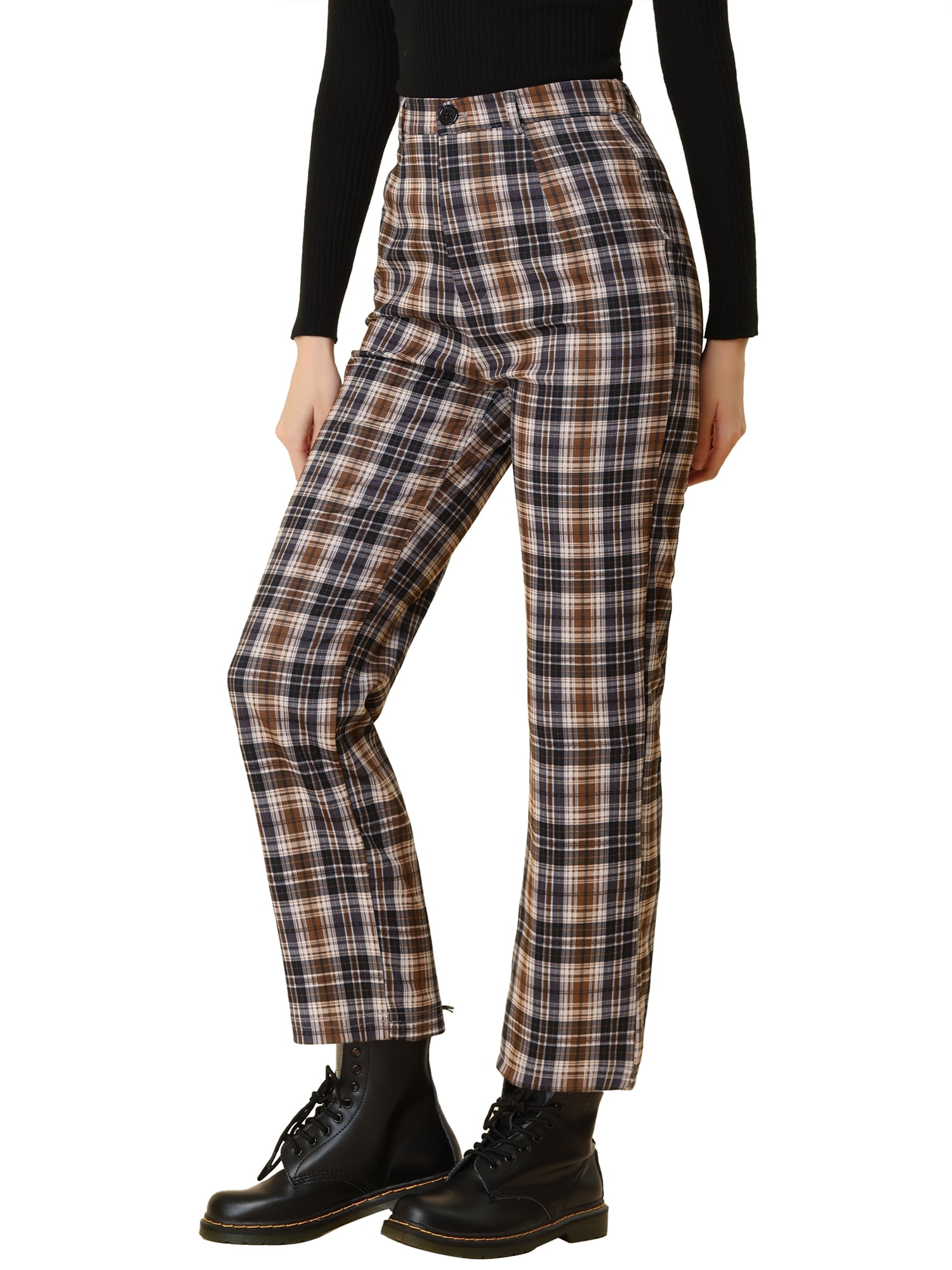 DARING DIVA Women's Plaid Trousers Button Tartan Check Work Pants M Brown