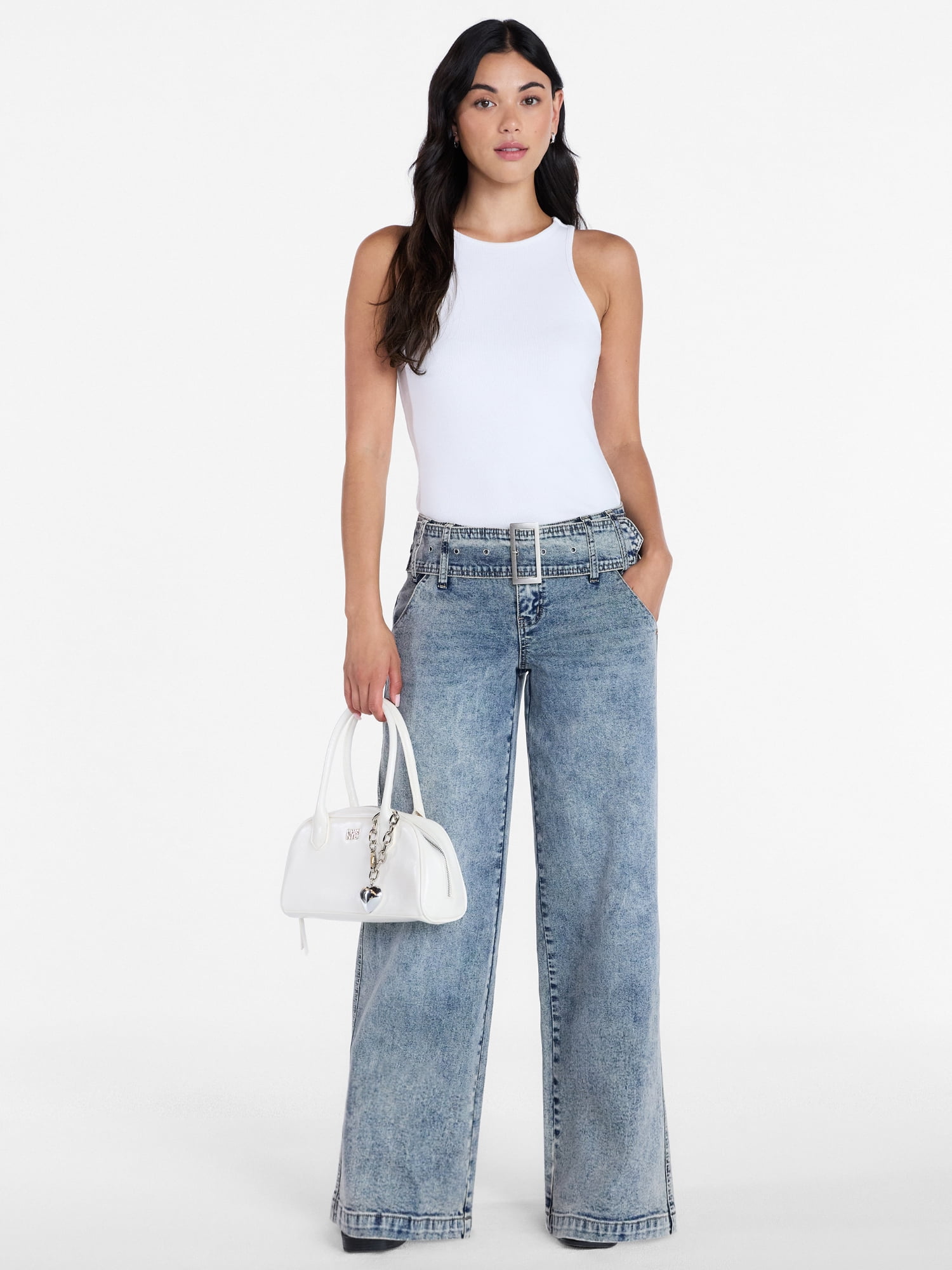 Madden NYC Wide Leg Jeans with Grommet Belt, 31.5” Inseam, Sizes 00-18
