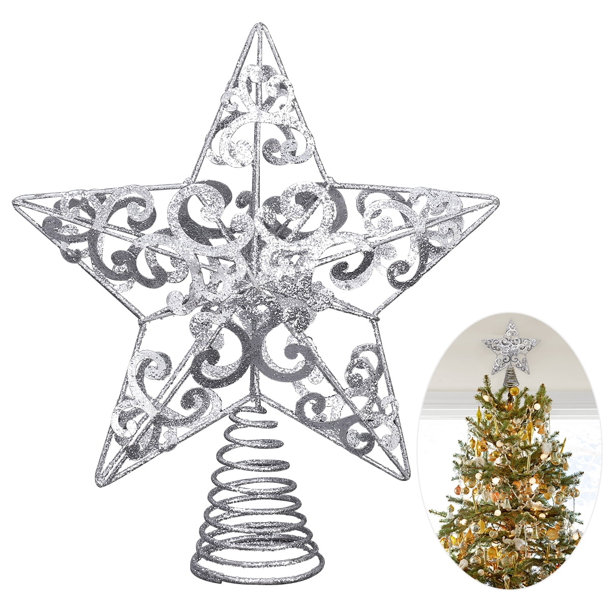 Glitter Star Tree Top Topper Christmas Tree Toppers Treetop Silver Xmas Decor UK 