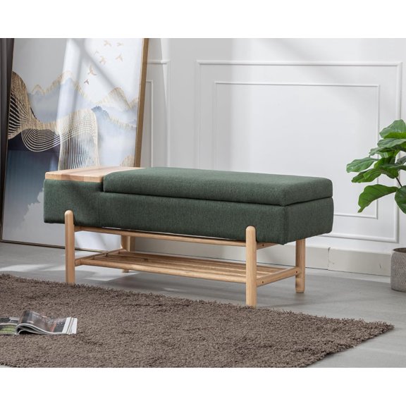 Modern Entryway Upholstered Flip-Top Shoe Storage Linen Fabric Ottoman End of Bed with Wood Frame/Shelf for Living Room/Bedroom/Hallway,46.5 Inches, Green