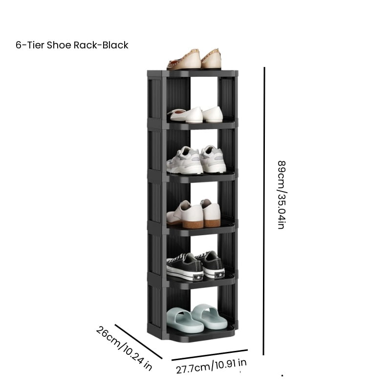 Small Shoe Rack, 6 Tier Plastic Vertical Shoe Rack for Narrow Spaces, Efficient Shoe Storage for Closet, Entryway, and Small Spaces (Black)