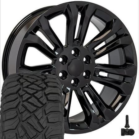 OE Wheels CV43B 22 Inch Rims and Tires Fit Silverado 1500 Style 6x139.7 22x9 Gloss Black - Hollander 5666 - TerraMax RT 285/45-22 (Set of 4)