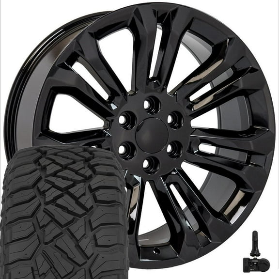 OE Wheels CV43B 22 Inch Rims and Tires Fit Silverado 1500 Style 6x139.7 22x9 Gloss Black - Hollander 5666 - TerraMax RT 285/45-22 (Set of 4)