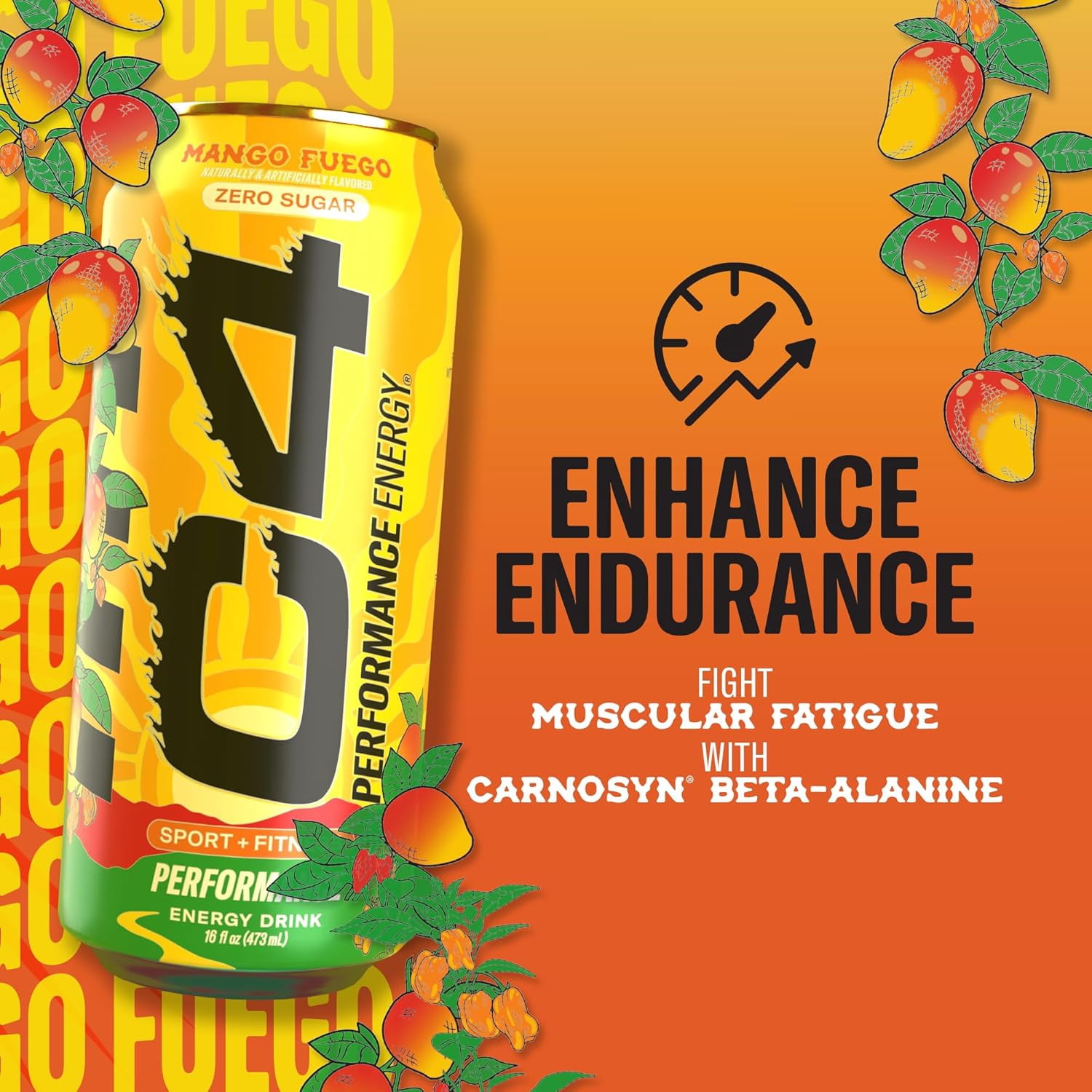 C4 Performance Energy, Sport & Fitness Energy Drink, Mango Fuego, Zero Sugar, 16 fl oz
