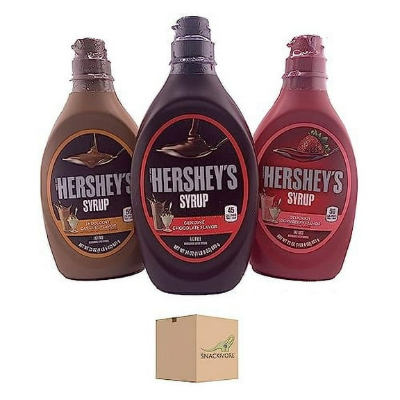 Hershey Syrup Variety Pack, 3 Flavors- Hershey Chocolate Syrup 24oz, Hershey Strawberry Syrup 22oz, and Hershey Caramel Syrup 22oz. 3 Hersheys Syrup Bottles by Snackivore.