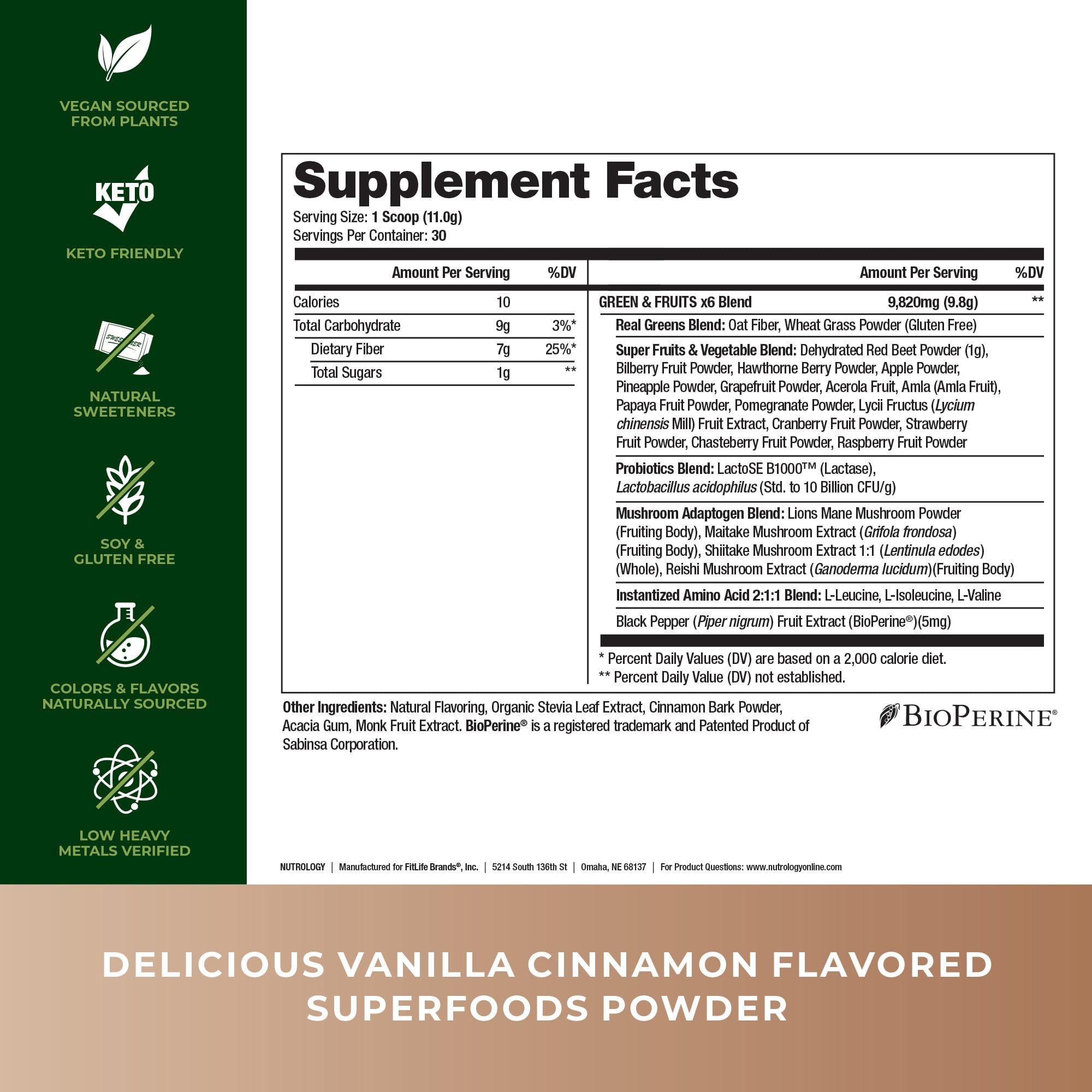 Nutrology's Greens & Fruits-Naturally Sourced Fruits, Vegetables, Greens, Beet Powder & Mushroom Blend-Probiotics, Digestive Enzymes, Fiber, Immune Support - Vanilla Cinnamon-30 Servings