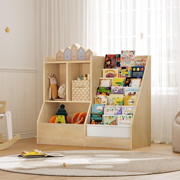 39.4" Kids Bookshelf and Toy Storage, 7 Layer Kids Book Sling Shelf, Toddler Bookshelf, Kids Bookcase, Toy Organizer Cabinet, Large, for Playroom, Bedroom, Nursery, Natural BKNW7301