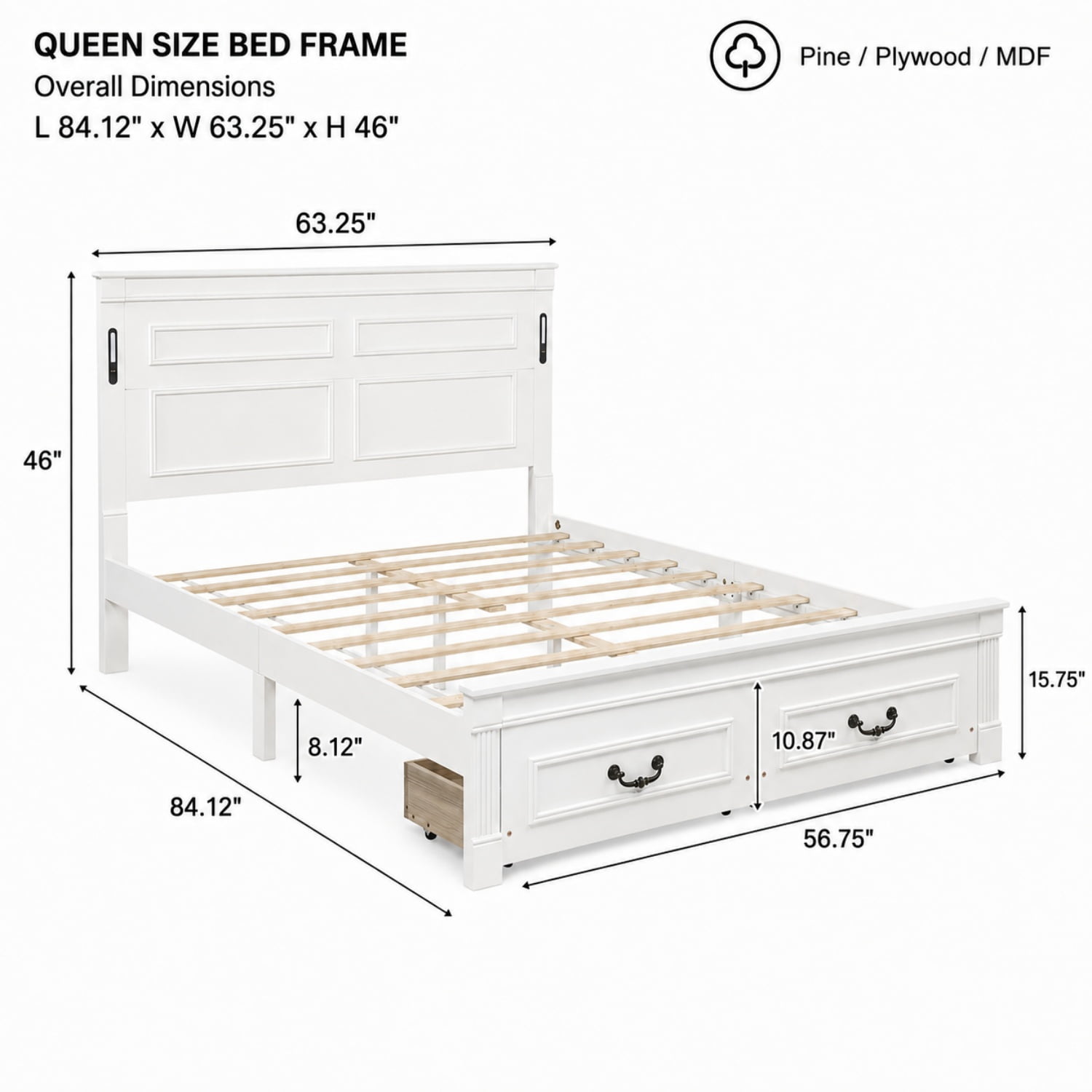 Miniyam Queen Farmhouse Storage Bed Frame with LED Headboard, USB & Type-C Charging, 2 Drawers, White
