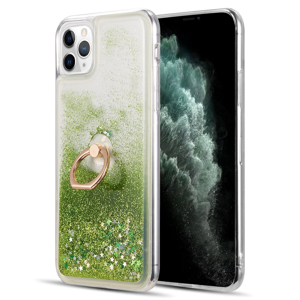 Quicksand Glitter Waterfall Case With 360° Rotating Ring Holder For Iphone 13 Pro Green 3082